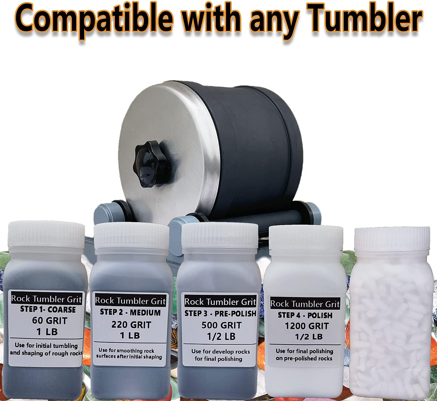 Rock Tumbler Grit Kit- 4 Steps Grit with 5Mm Columnar Tumbling Ceramic Filler Media Non-Abrasive for Tumbling Stones Compatible with Any Brand Tumbler Stone Polisher image number 3