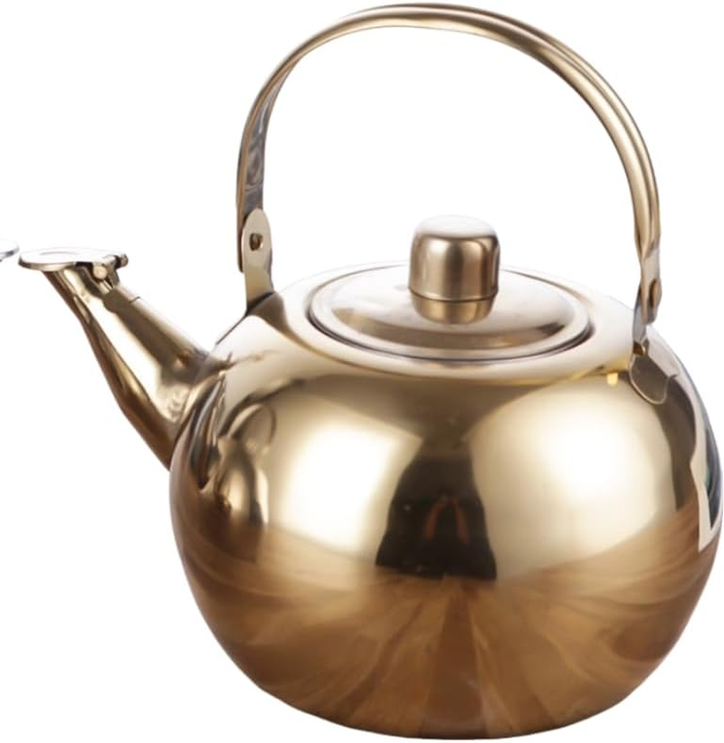 Stainless Steel Pot Pitcher Boiled Teapot Whistling Kettle Home Espresso Boiling Water Kettle Mesh Strainer Coffee Mug Thicken Teakettle Travel Desktop Filter Jug (Gold, 2 Litres) image number 1