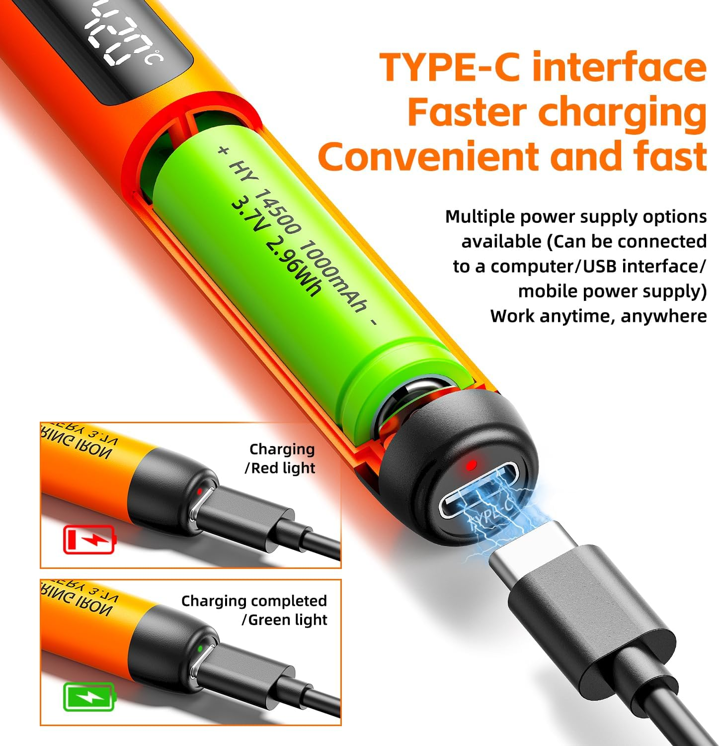 Soldering Iron Kit - Cordless USB Rechargeable Soldering Iron with 3-Speed Temperature Adjustment, Portable Heating Core, Soldering Iron Cord, Rosin, Soldering Iron Stand & Storage Box (Orange) - Orange image number 2