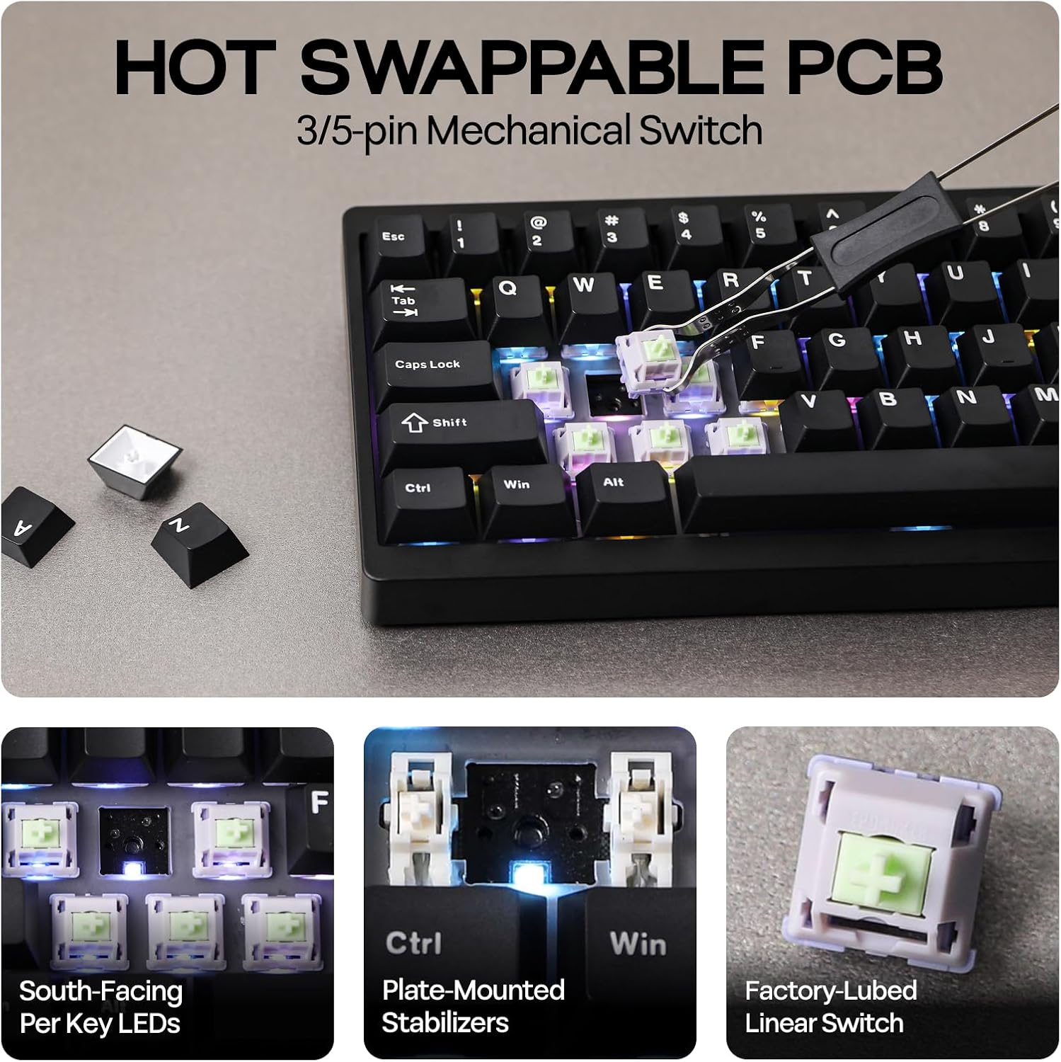 EPOMAKER P65 QMK/VIA Wireless Aluminum Gaming Keyboard, Gasket-Mount, Bluetooth/2.4Ghz/Usb(A to C), Hot Swappable, N-Key Rollover, for Mac/Pc/Ps/Xbox (Black, Zebra Switch) image number 4