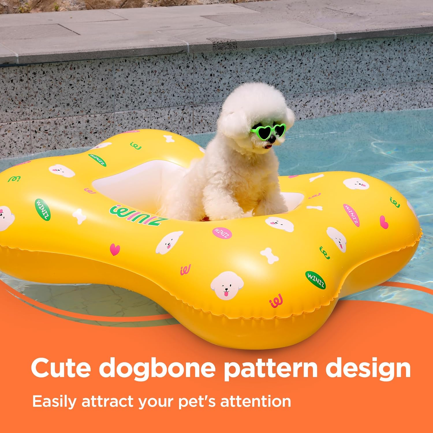 WINIZ Dog Float - Yellow Cute Design Inflatable Rafts for Small Medium Dogs and Puppies - Essential Pet Supplies for Summer Outdoor Water Play Pool Lake River image number 1