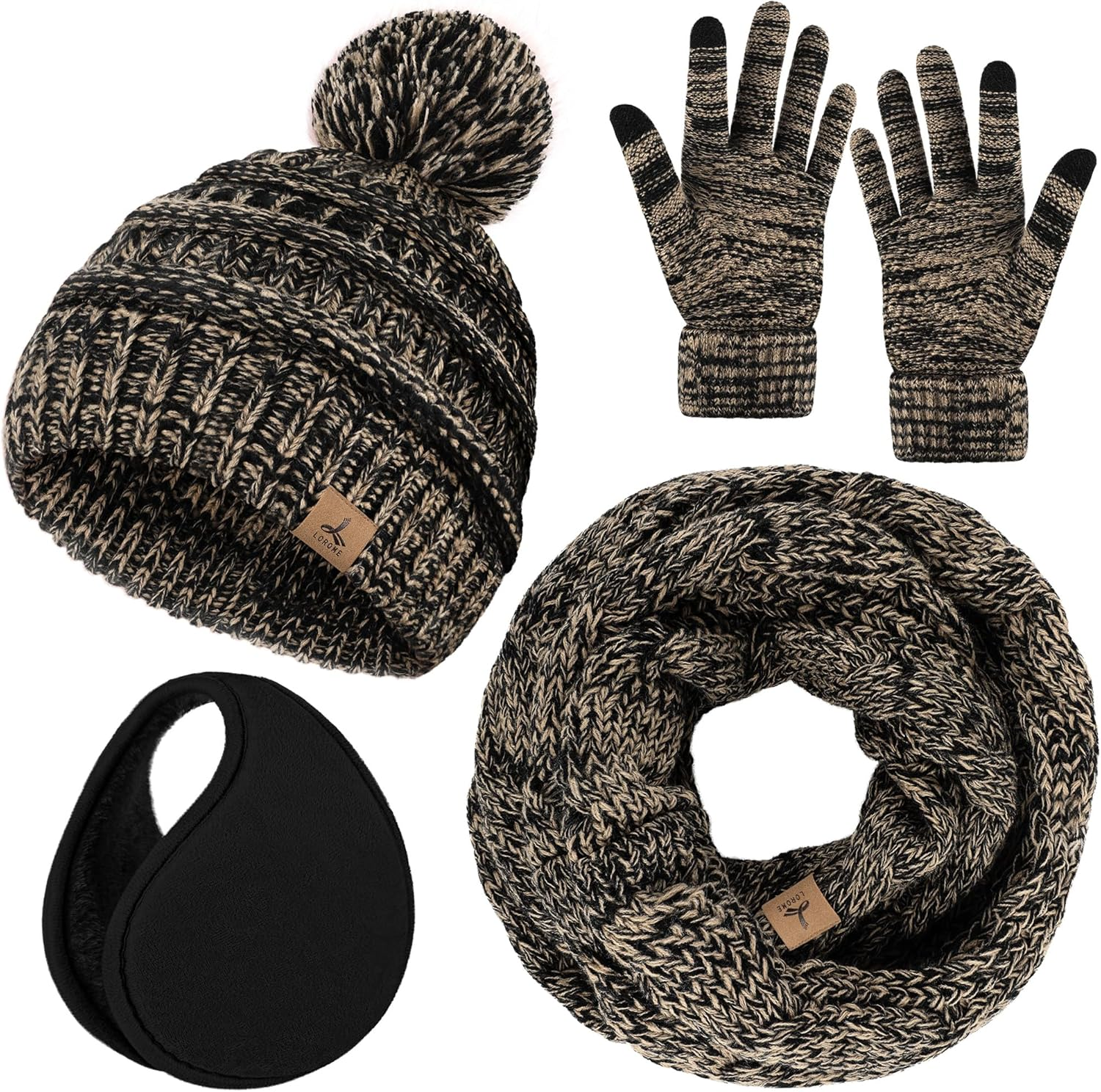 Winter Hat Scarf Gloves and Ear Warmer, Warm Knit Beanie Hat Touch Screen Gloves Set Winter Gifts Neck Scarves for Women