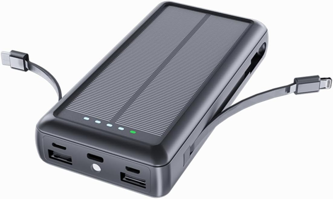 Solar Charger Power Bank, 20000Mah Portable Phone Charger Built-In 2 Output Cable with USB C In/Output, PD20W QC 3.0 Fast Charging and Flashlight for Iphone Samsung Huawei Google Etc (Orange)