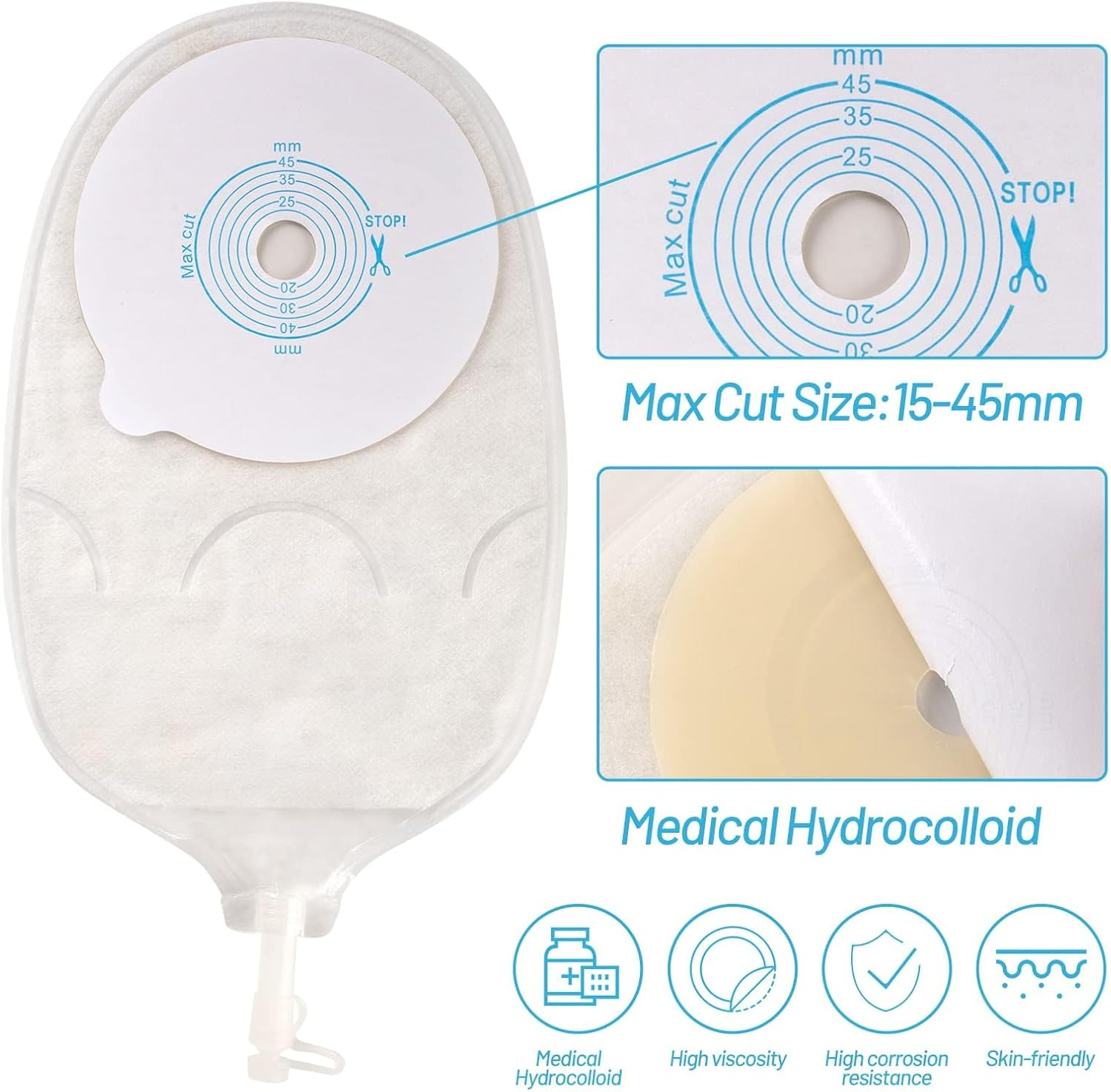 10PCS Urostomy Bags, One Piece Stoma Bag for Urine Anti-Backflow Urostomy Bag Suppliers, 15-45Mm Cut-To-Fit Drainable Pouch Ostomy Stoma Bags for Ileostomy Stoma Care