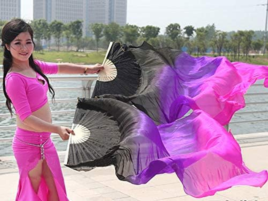 KIKIGOAL 1 Pair(Left+Right) Women Real Silk Belly Dance Fan Veil, Length 180Cm Width 90Cm image number 4