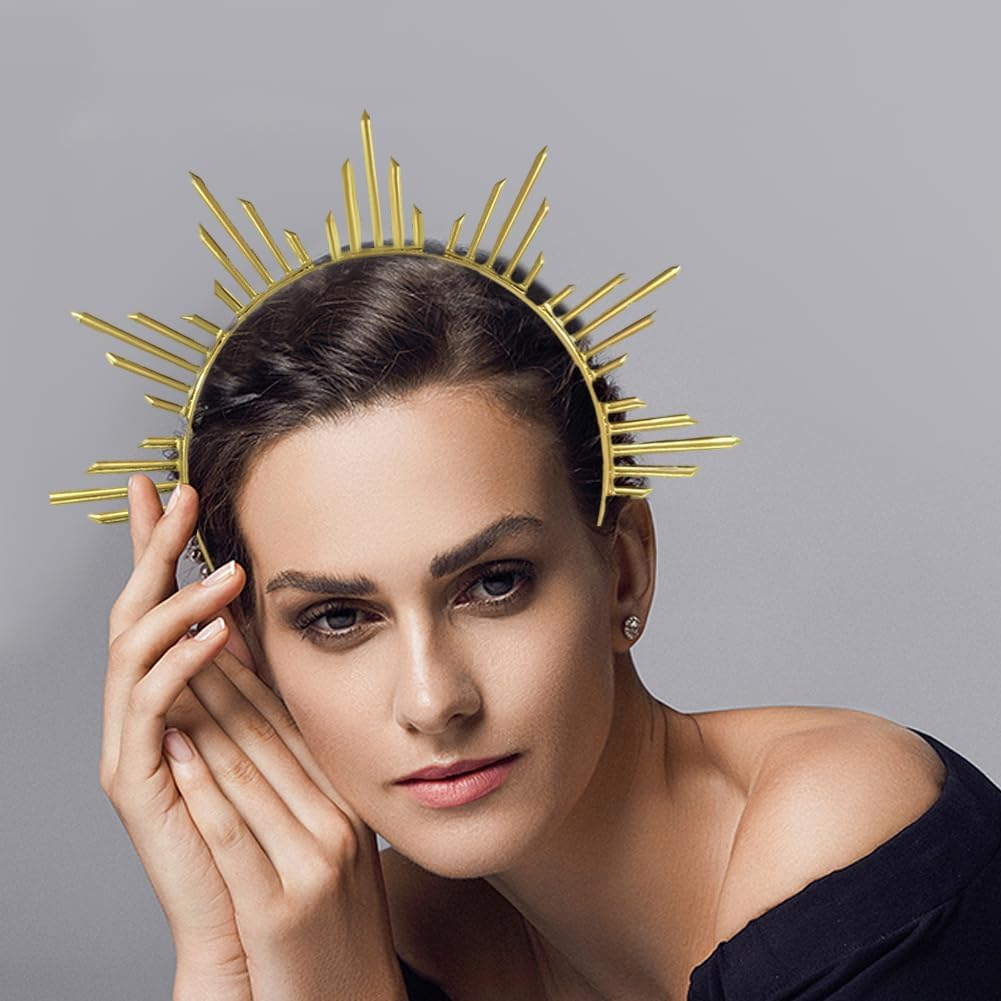 2Pcs Gold Sun Goddess Halo Crown Renfaire Sunburst Zip Tie Spikes Angel Celestial Headband Cosplay Costume Renaissance Headpiece Hair Bands for Women Halloween Wedding Party Hair Accessories image number 2