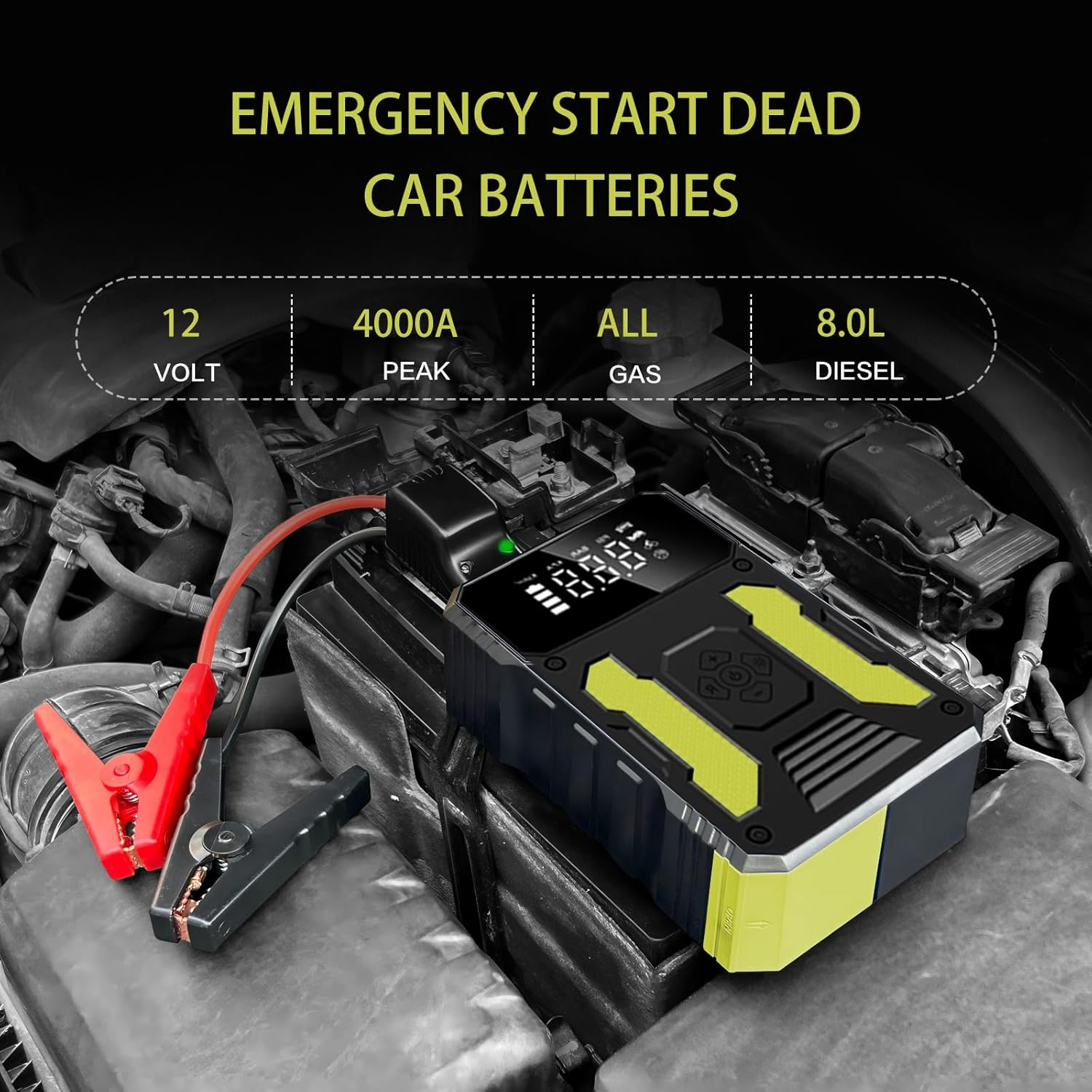 4000A Car Battery Jump Starter with Air Compressor, Portable Jump Starter Power Back (All Gas/8.0L Diesel), 12V Car Battery Charger with Tire Inflator, Storage Case, Built-In Air Hose image number 4