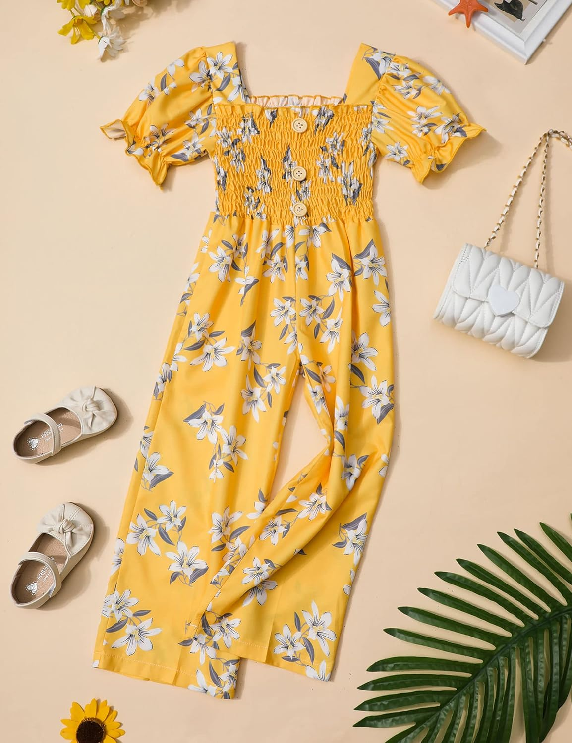 BAVADER One-Piece Girls Romper Jumpsuit, Kids Girls Short Ruffled Flutter-Sleeve Clothes Print Outfits Set for 5-9 Years image number 7