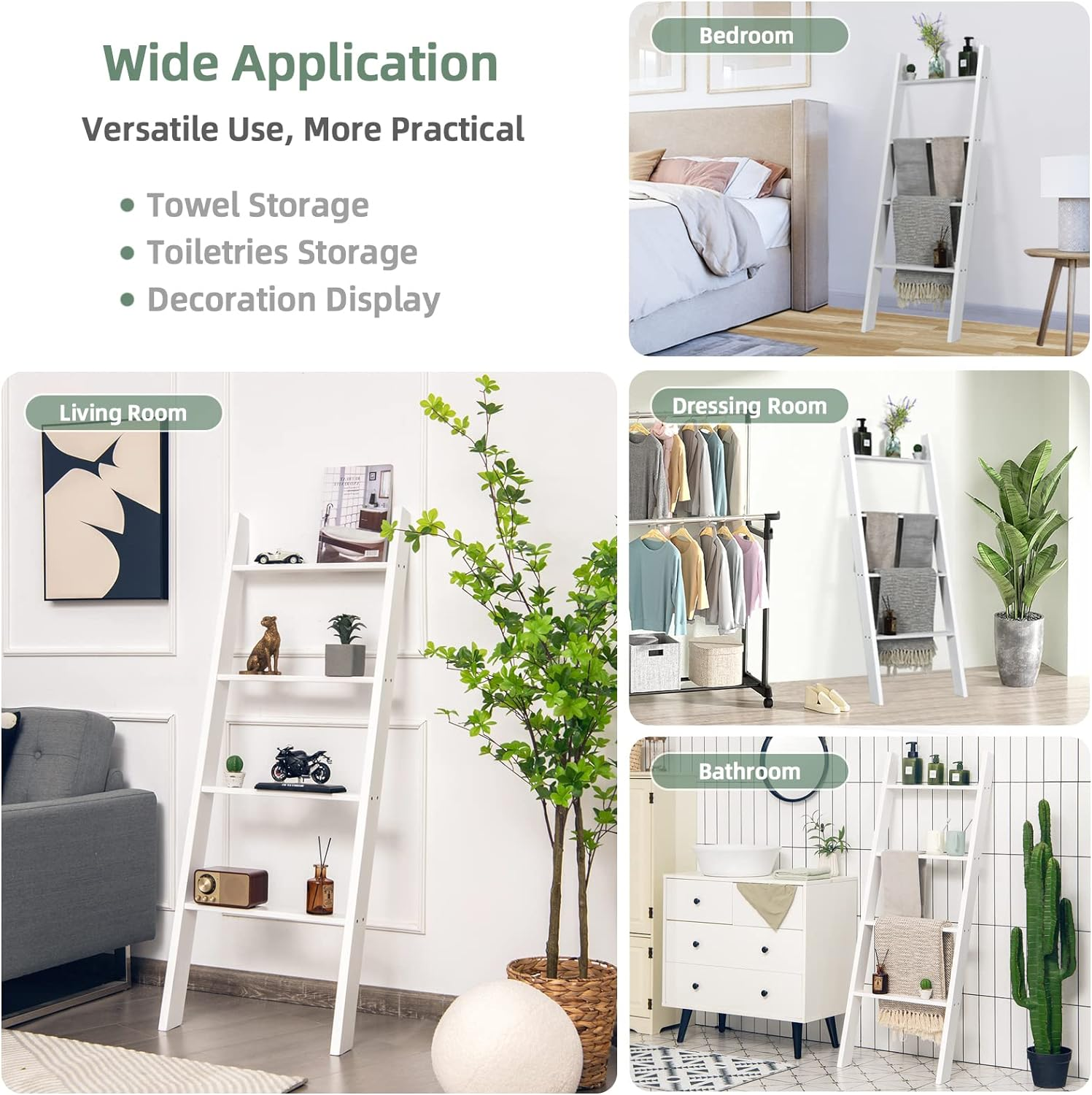 Giantex 4-Tier Wooden Blanket Ladder, Farmhouse Towel Storage Rack, Wall Leaning Ladder Shelf Stand, Decorative Blanket Shelf for Living Room, Bathroom & Bedroom, White - White image number 4