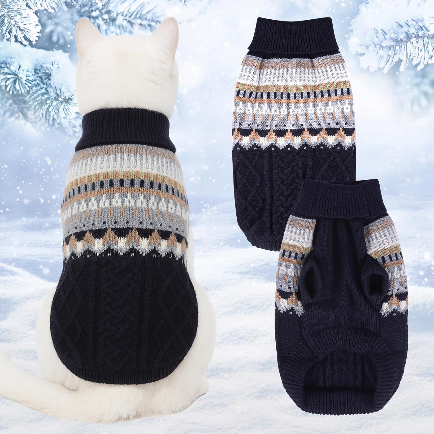 Fnaobai Knit Dog Sweater Turtleneck Cat Cold Weather Pullover Pet Vintage Cable Thick Warm Winter Clothes for X Small Dogs Cats Medium Pug Dachshund Yorkie (Navy, Medium) image number 6