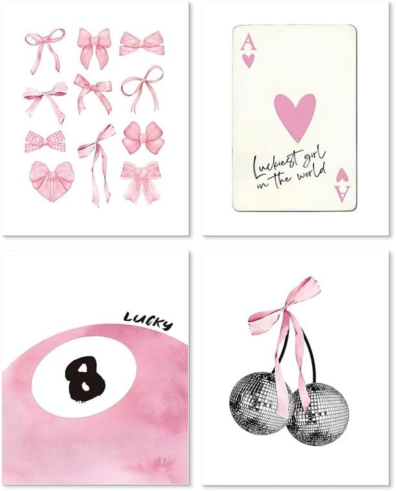 ZIENVE Pink Coquette Wall Art Prints &ndash; Set of 4 Trendy Preppy Room Decor, Aesthetic Pink Bow, Disco 8 Ball, Cherry Posters for Girls&rsquo; Bedroom & Dorm, 20 X 25Cm Unframed