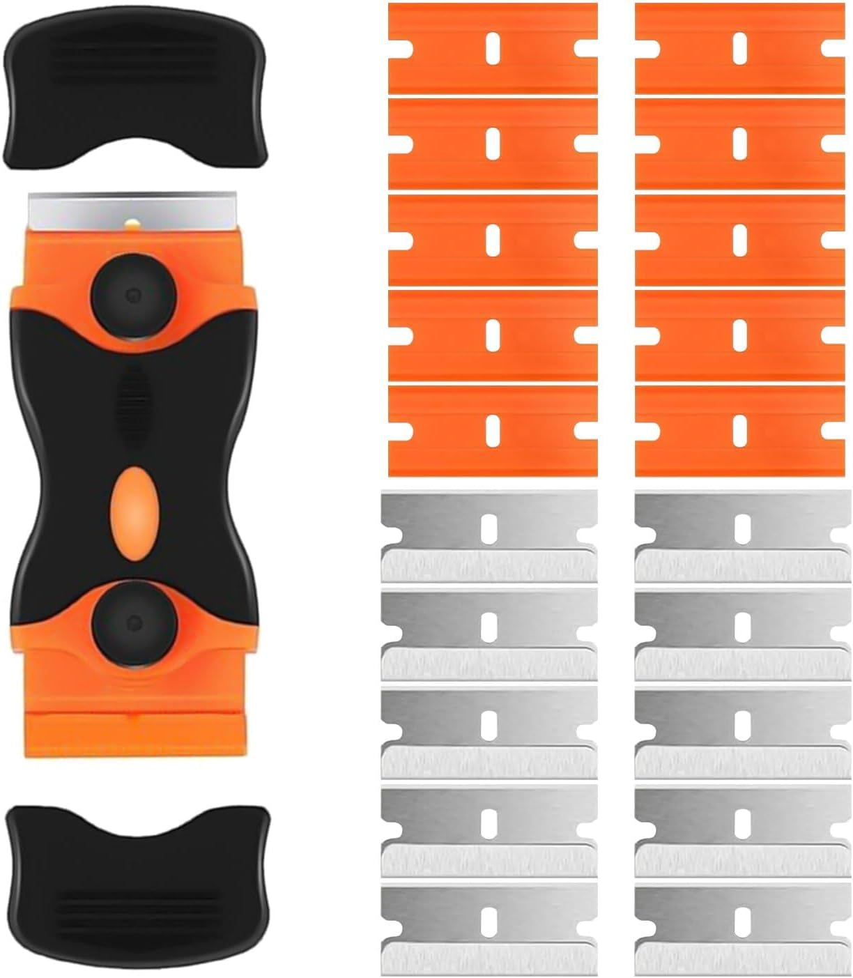 Window Scraper Tool with 10 Metal+10 Plastic Blades,Non-Scratch Double Edged Glass Sticky Stuff Remover,Multi-Purpose Ceramic Scraper Oven Cleaning Tool for Stickers Labels Decals Wallpaper (Orange) image number 4