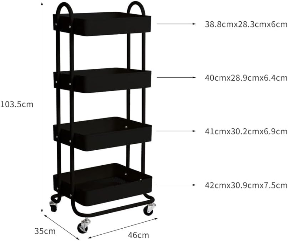 Levede 4 Tiers Kitchen Trolley Cart Steel Storage Rack Shelf Organiser Black, Metal Utility Cart, 4-Tier Kitchen Trolley with 4 Wheels, Rolling Storage Cart Trolley for Kitchen Storage & Organisation image number 1