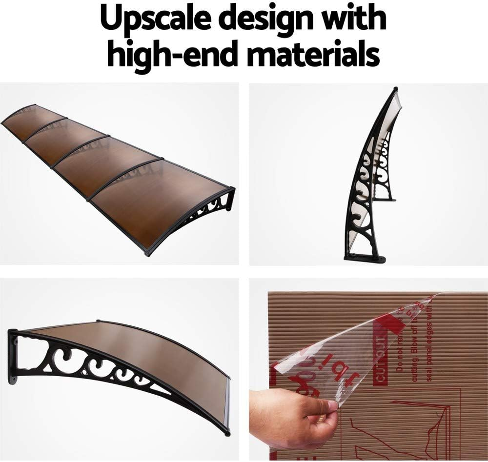 Instahut Window Awning Brown PC Panel with Black Bracket Outdoor Door Canopy Sun Shade Shelter, Patio Terrace Garden Baconly Porch Shield Rain Snow Eaves Cover Protector, 1Mx4M DIY