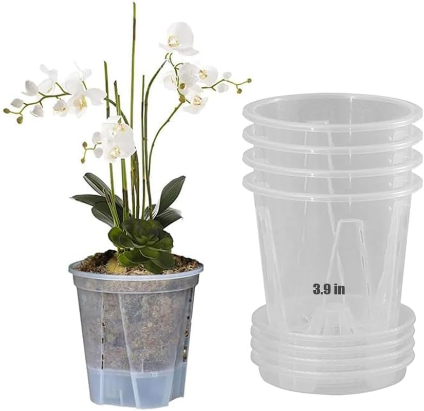 4 Pcs Clear Orchid Pots, 10Cm (3.9 Inch) Small Plastic Pots with Holes and Saucers for Plants, Breathable Slotted Plant Pot with Tray image number 2