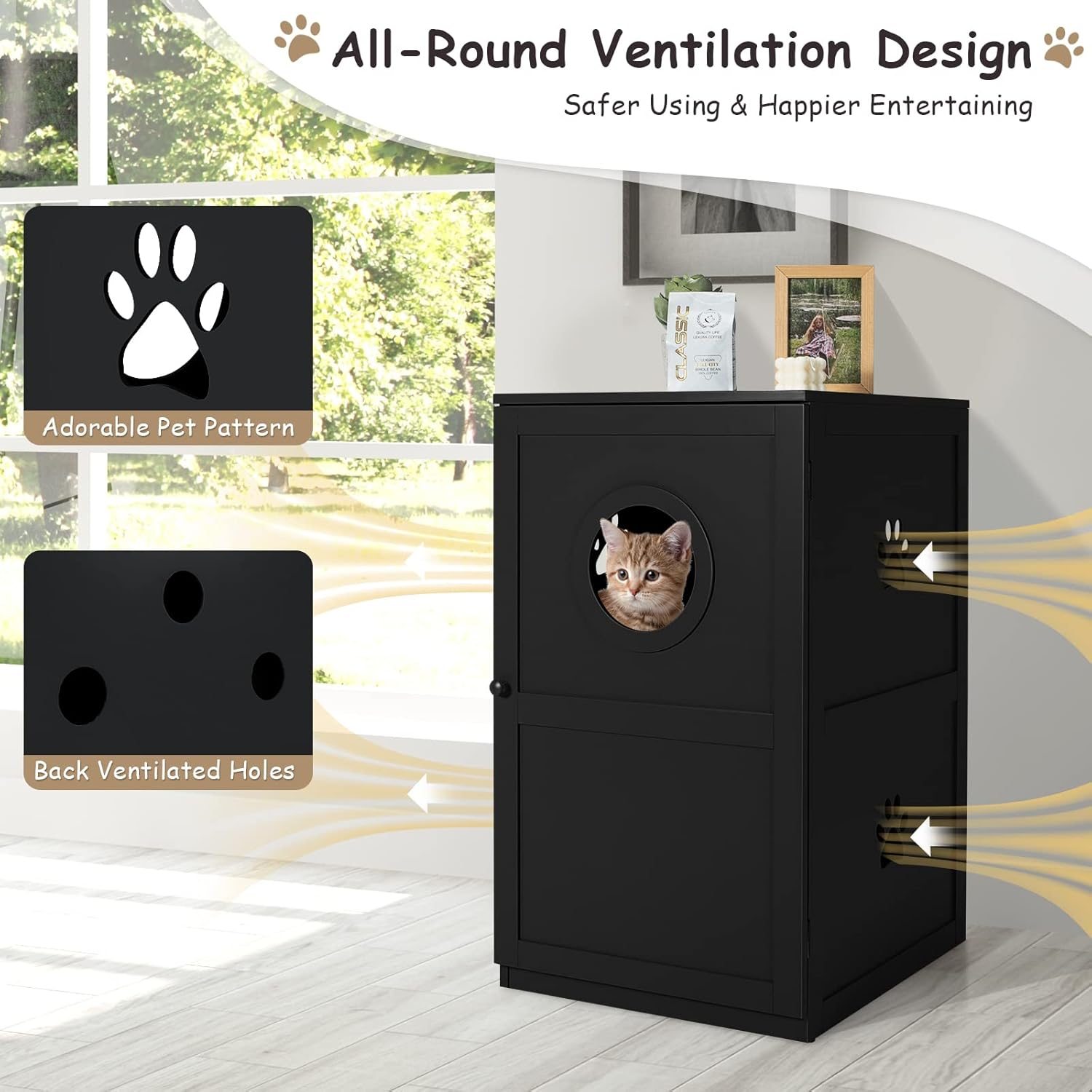 Costway 2-Tier Litter Box Enclosure, Cat House Bench W/Anti-Toppling System & Openable Door, Privacy Cat Washroom W/Multiple Vents & Entrance Hole, Side Storage Cabinet, Home, Pet Store (Black) - Black image number 6