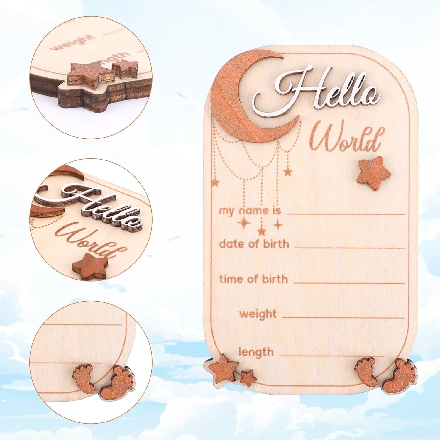 Baby Announcement Sign, Moon Star Birth Announcement Board Wooden Hello World Newborn Sign Decor Welcome Baby Sign Plaques for Photo Props Baby Shower Nursery Hospital image number 5