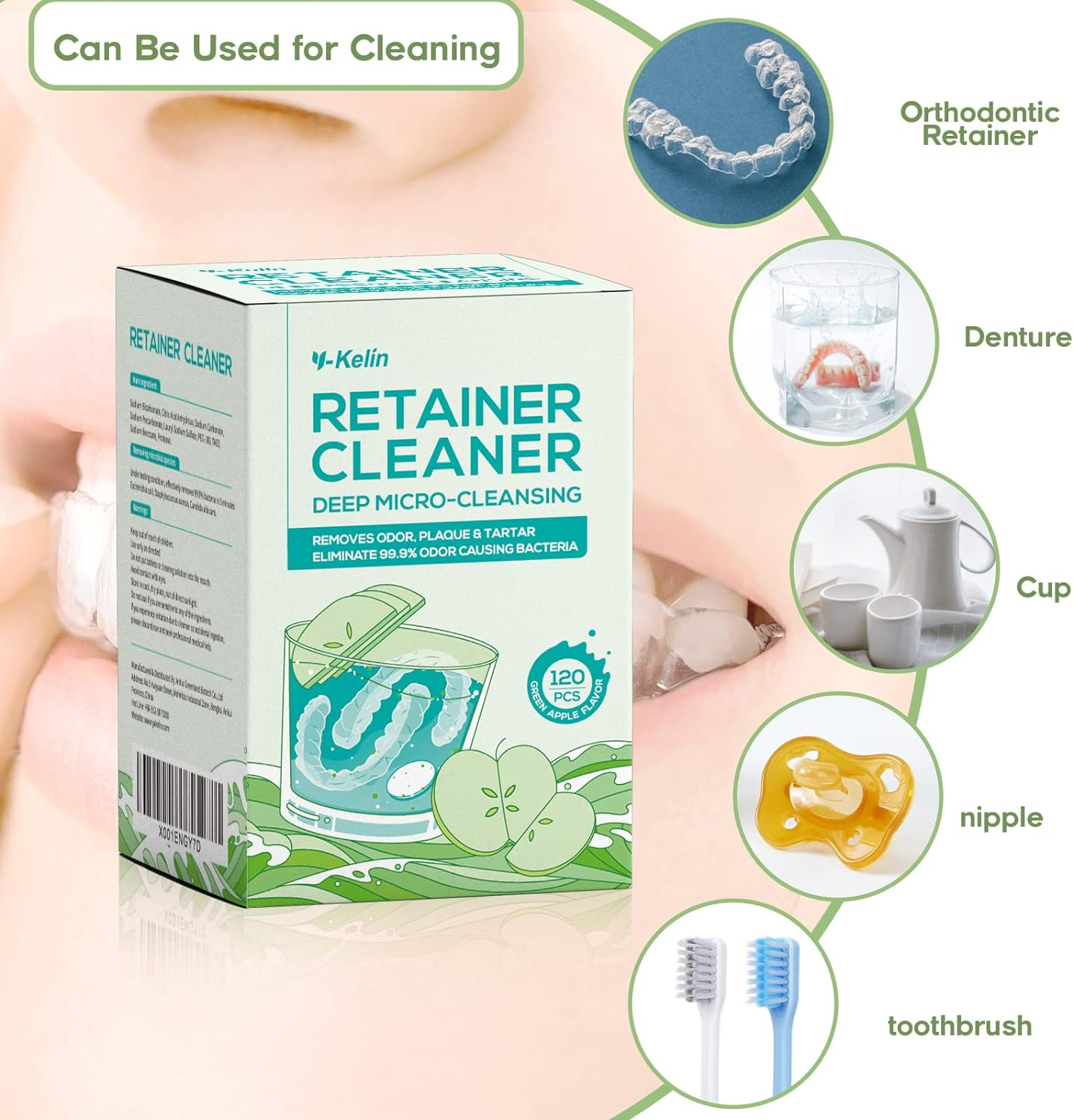 Y-Kelin Retainer Cleansing Tablets 120 Tab 4 Months Supply-New Formulation Flavor Cleaner for Retainer, Invisalign, Denture, Mouth Guard (Apple) image number 1