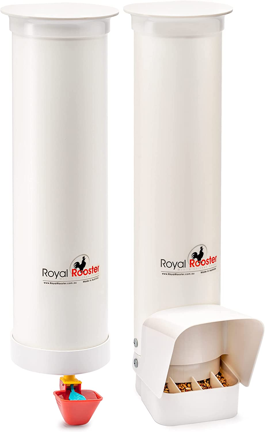 Royal Rooster Chicken Feeder and Chicken Waterer Set - 3 Kg Poultry Chicken Feeder with Rain Cover and 4 Litre Waterer System - Chicken Coop Accessories: Valve-Cup Waterer and Gravity-Feed Feeder Set image number 6