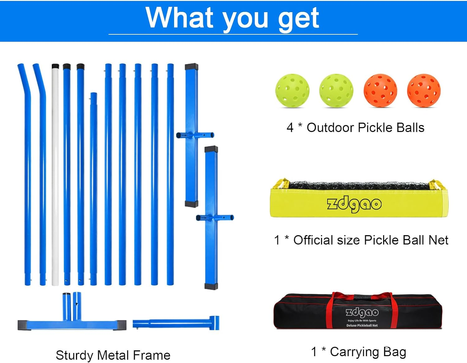 Zdgao Pickleball Net for Driveway with 22FT Regulation Size Pickleball Net, 4 Outdoor Pickleballs and Carry Bag, Weather Resistance Strong Steel Frame image number 5