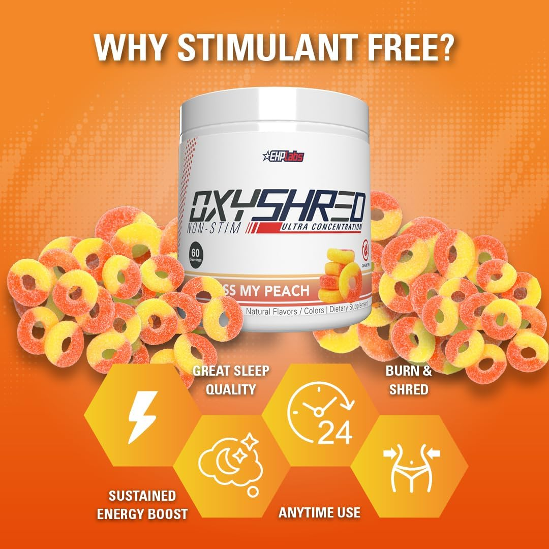 EHP Labs Oxyshred Non Stimulant Pre Workout Powder - Stim Free Pre Workout, Caffeine Free Preworkout for Men & Women - Non Stim Preworkout - Sugar Free Energy Powder - Peach, 60 Servings