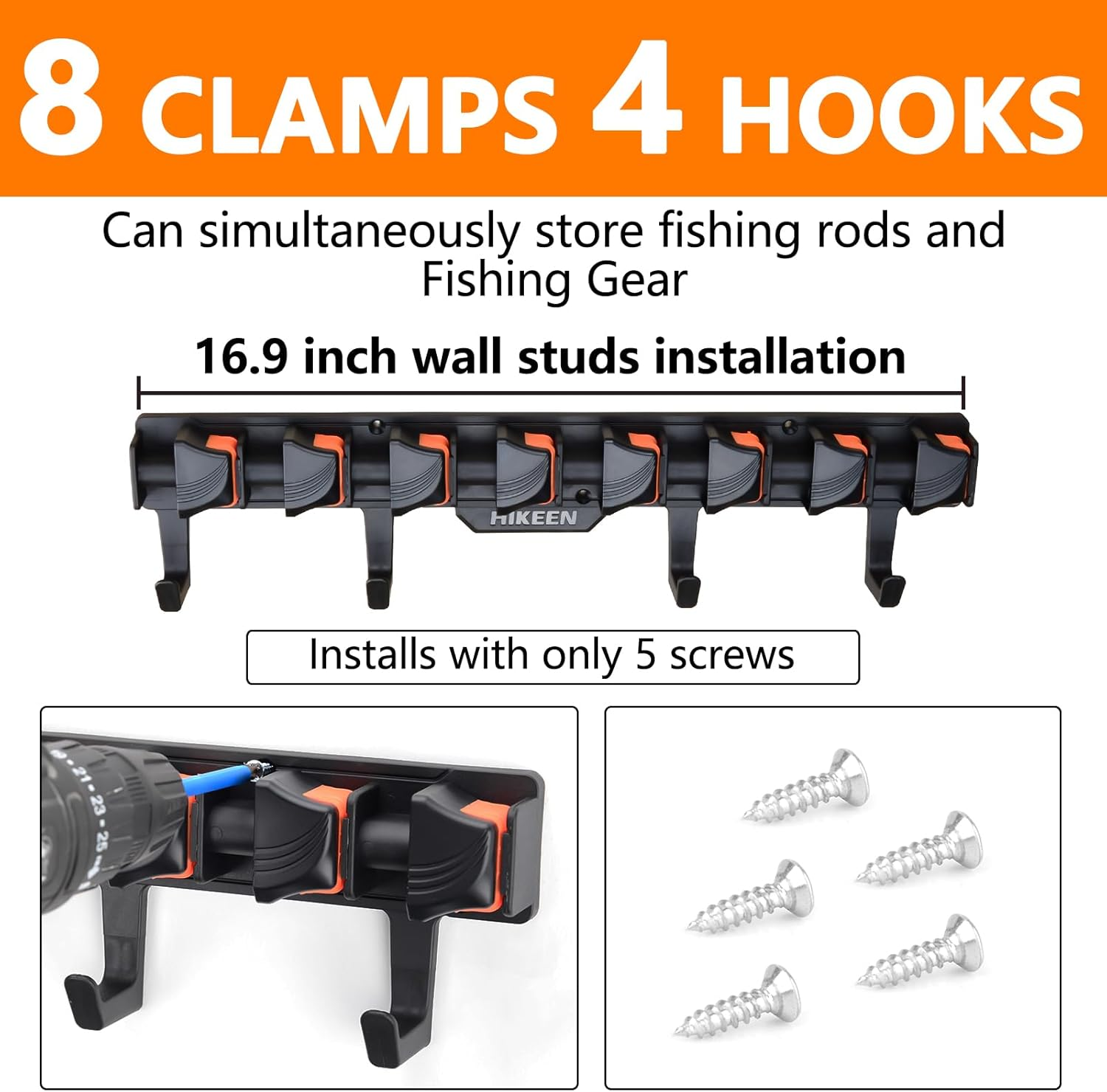Hikeen Fishing Rod Holders, Wall Mounted Fishing Rod Rack, Fishing Pole Holder Holds up to 8 Rods or Combos, Fishing Rod Holders for Garage with 4 Hooks, Orange, 1 Pack image number 5