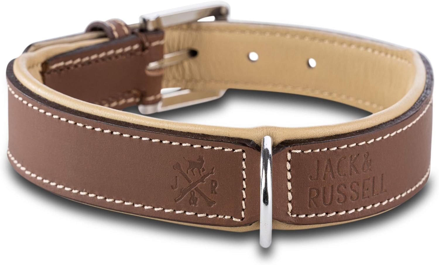 Jack & Russell Amy Premium Dog Collar - Genuine Leather Collar with Original J&R Stamp, Robust and Elegant (S, Brown/Beige) image number 1