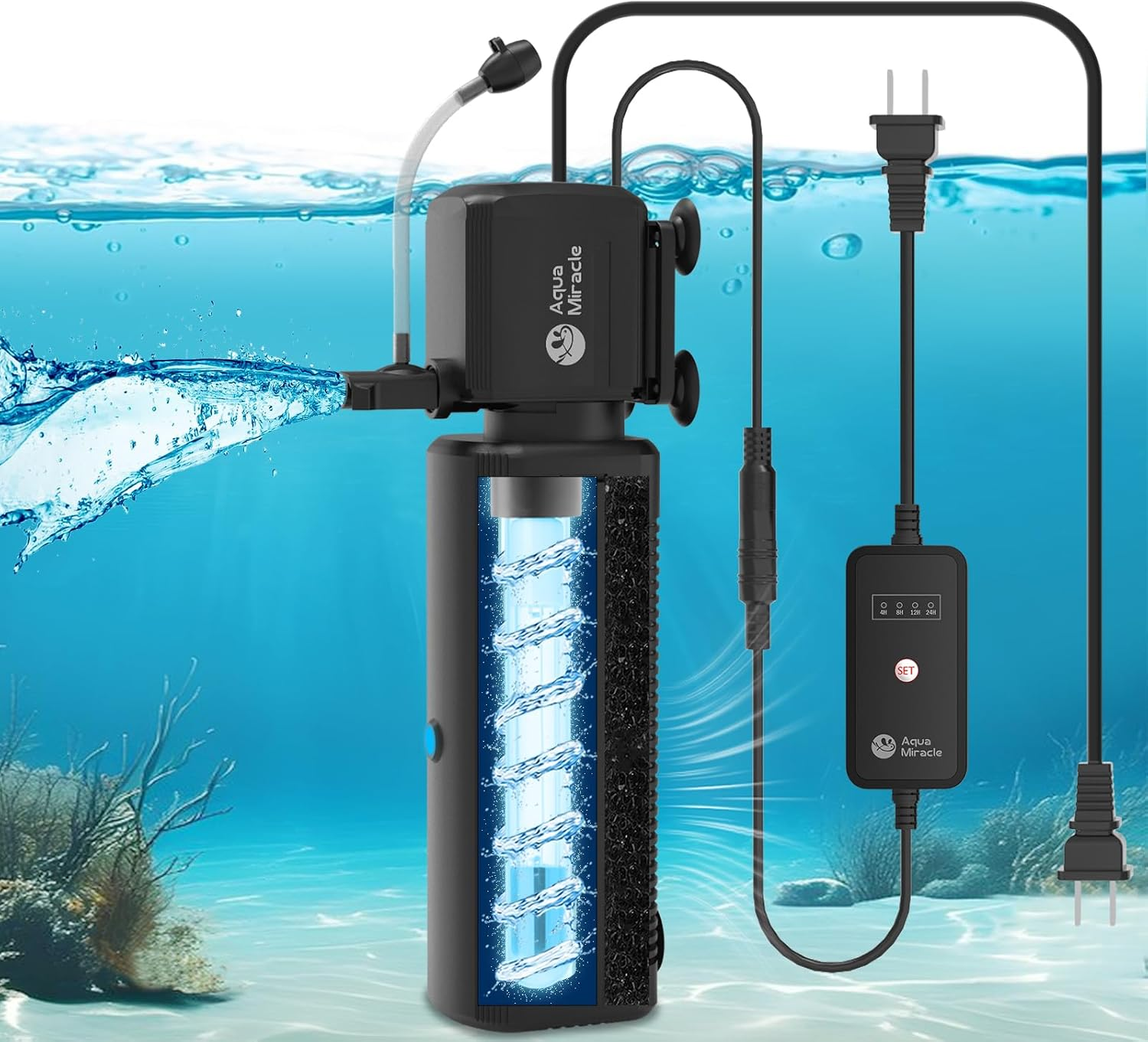 Aquamiracle Aquarium Filter with U - V Light & Filter Sponge, Fish Tank Filter with Timer for Green Water, Turtle Filter with Aeration & Rainfall Mode for Aquarium 20-70 Gallon image number 6