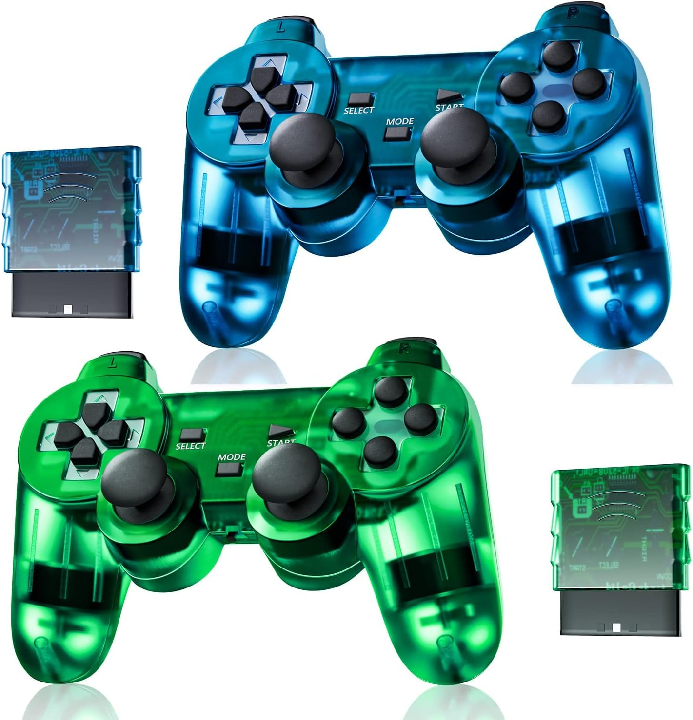 Burcica Wireless Controller for PS2 Play Station 2 Dual Vibration 2 - Clearblue and Cleargreen