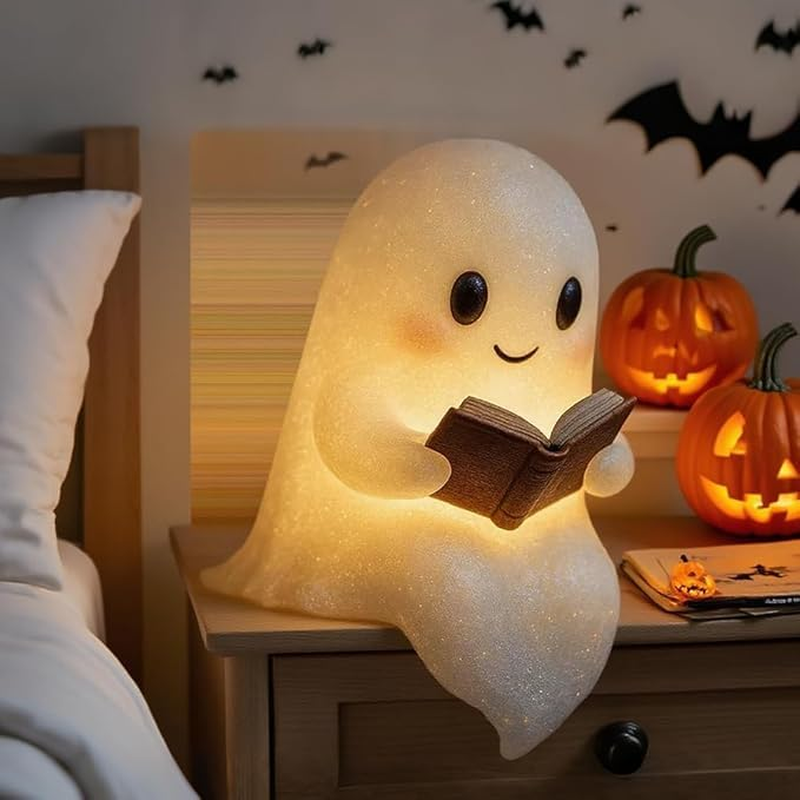 Ghostly Reading Book Lamp, Ghost Warm Lighted Lndoor Figurine Lamps, Adorable Ghost Reading Night Light Halloween Decorlight up Halloween Decor, for Bedroom Study Room, Readers (8.6 Inch) image number 3
