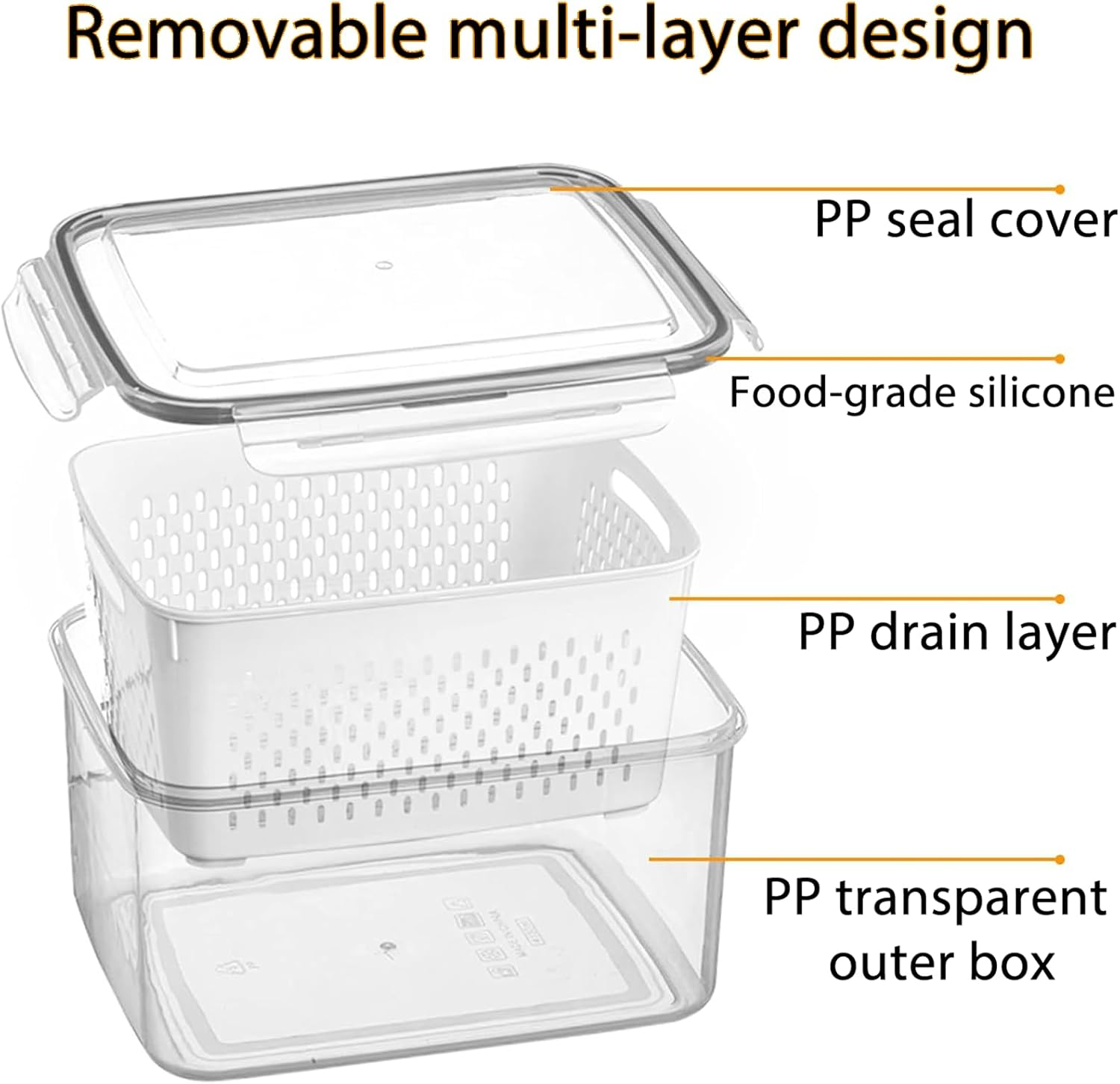 3 Pack Food Containers, Large Capacity Bpa-Free Plastic Box with Lid and Strainer for Fruits and Vegetables, Stackable Fresh Food Storage Containers for Kitchen Storage & Organisation（Grey） image number 2