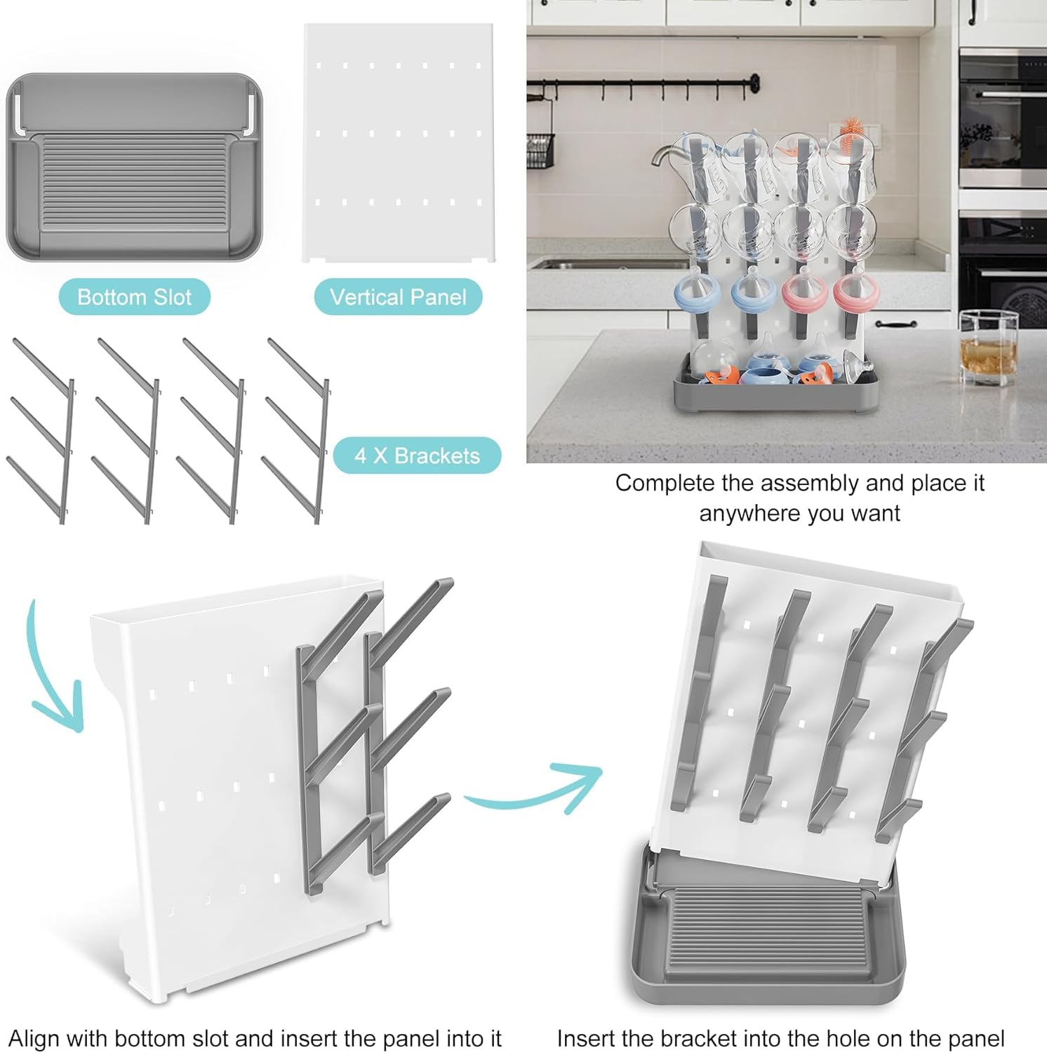 ZERIFAM Baby Bottle Drying Rack, Space Saving for Countertop and Kitchen, Large Capacity Vertical Standing Baby Bottle Organizer & Holder for 12Pc Bottles and Accessories, Pump Parts, Pacifiers (Grey) image number 6