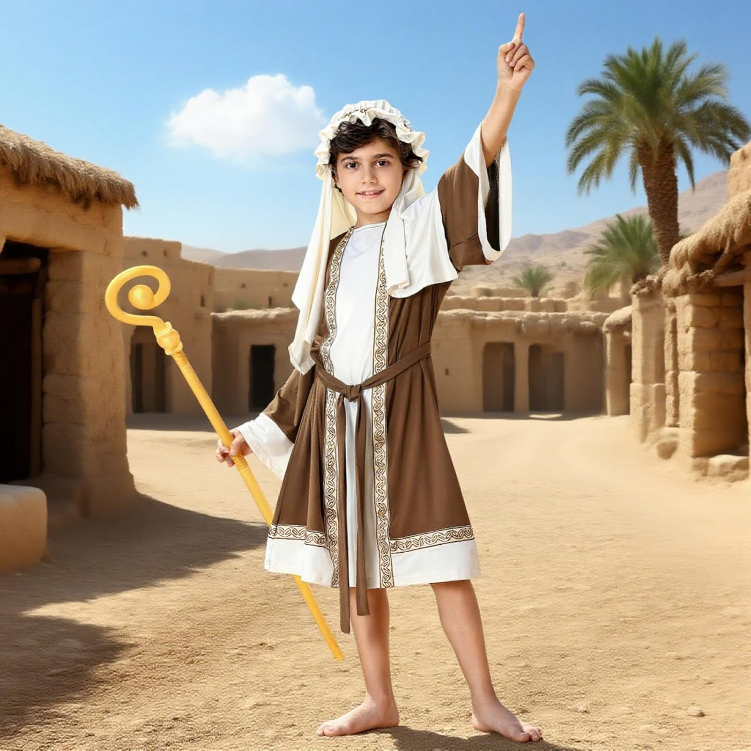 Yolsun Joseph Costume for Kids, Boys Shepherd Costume, Wiseman Biblical Headwrap Hat Waist Rope Set image number 6