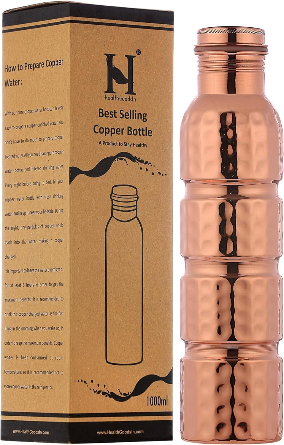 Healthgoodsau - Hammered Pure Copper Copper Water Bottle, UNLINED, UNCOATED and LACQURED-FREE for Ayurvedic Benefits 1000 Ml Capacity image number 2