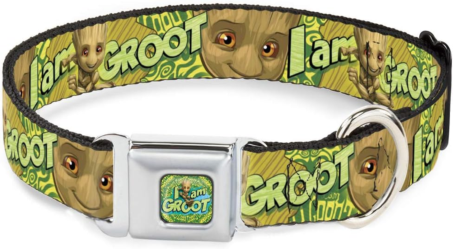 Dog Collar Seatbelt Buckle Baby Groot Pose Face I Am Groot Browns Greens Yellows 16 to 23 Inches 1.5 Inch Wide image number 5