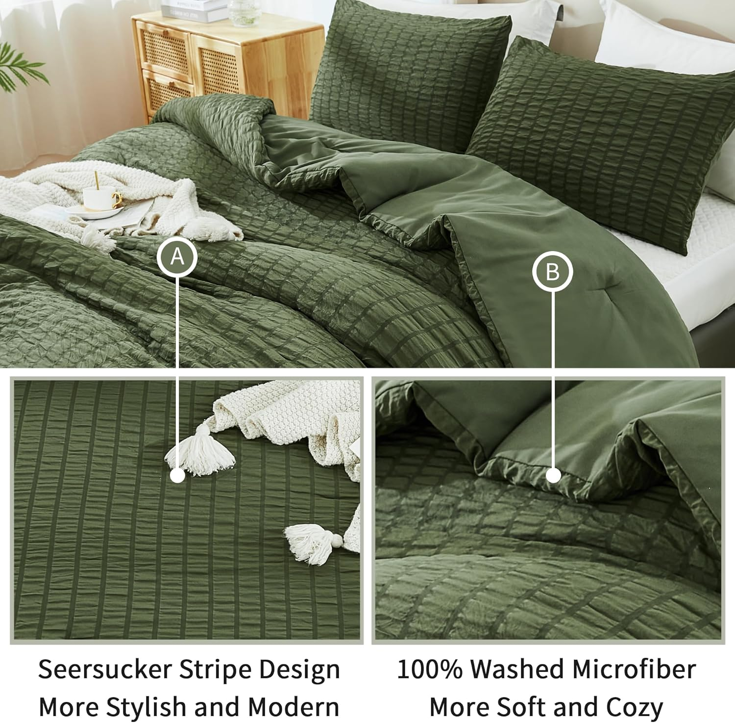 Avelom Dark Olive Green Seersucker Queen Comforter Bed Set (90X90 Inches), 3 Pieces-100% Soft Washed Microfiber Lightweight Comforter with 2 Pillowcases, All Season down Alternative image number 1