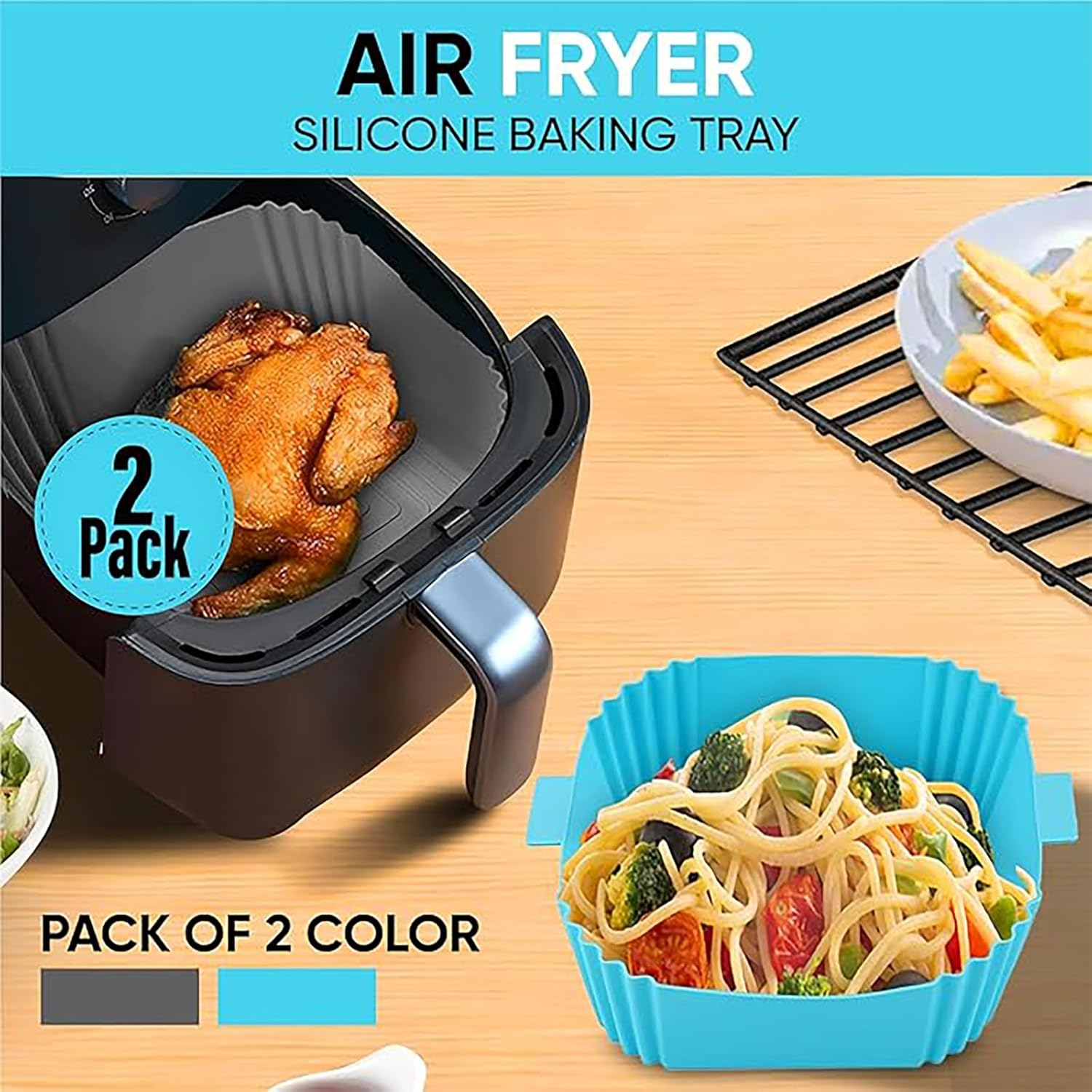 Air Fryer Silicone Liner Baking Pan Square 2 Pack, Air Fryer Liner, Reusable Air Fryer Liner Silicone Pan Oven Liner Baking Tray, Air Fryer Basket Silicone Pad Bowl Air Fryer Accessories Kitchen image number 6