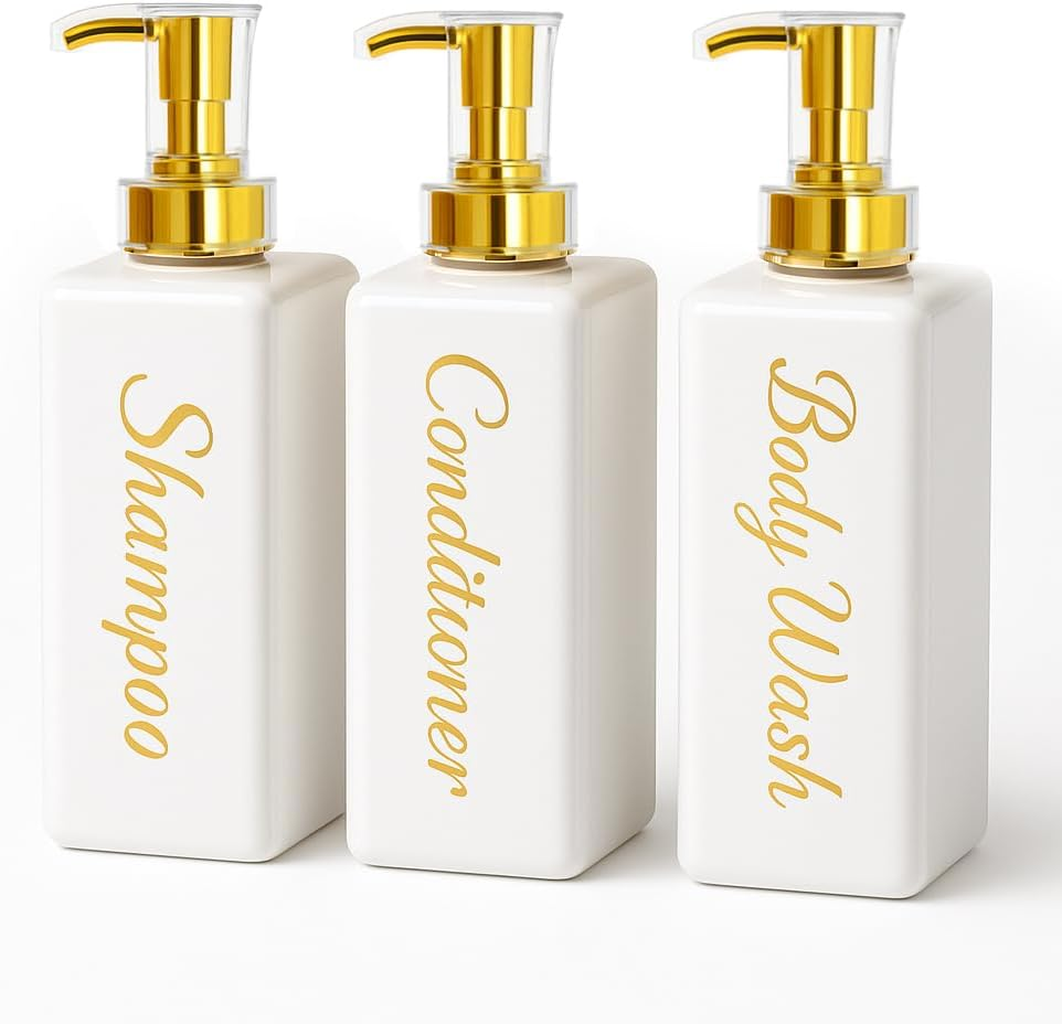 Umadeus Shampoo and Conditioner Dispenser - Essentials Toiletry Bottles - Shower Refillable Shampoo and Body Wash Soap Pump Bottle &ndash; 3X 27Oz Containers - White All Gold 1 Square image number 4