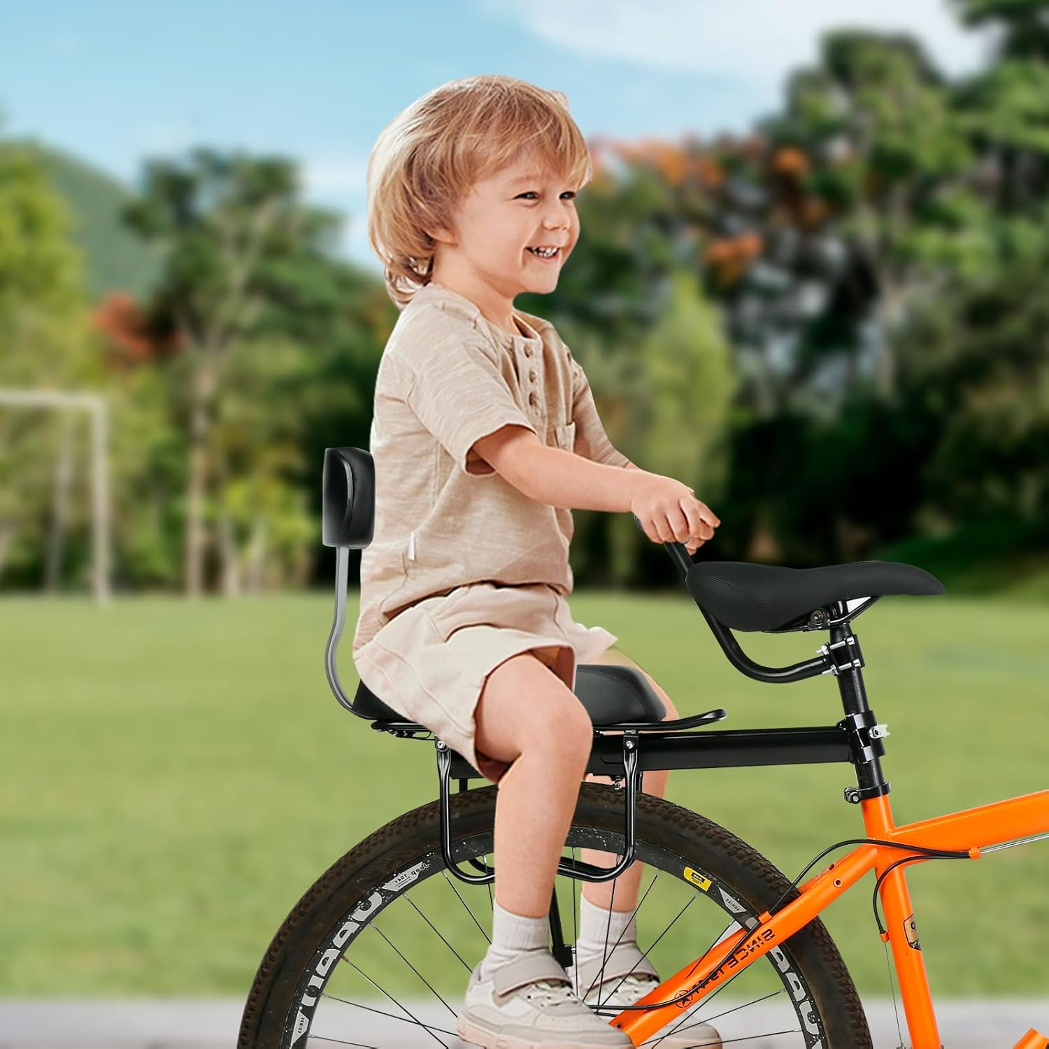 Child Bike Rear Seat Bike Back Seat with Backrest Child Bicycle Rear Seat Bicycle Rear Back Seat Cushion Bike Back Seat Safety Armrest Handrail Feet Pedals Kids Bike Seat Carrier for over 5 Years Old image number 5