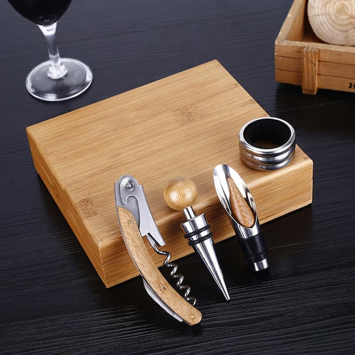 AIMALL Stainless Steel Wine Opener Set with Bamboo Box &ndash; 4-In-1 Multifunctional Corkscrew, Stopper, Drip Ring & Pourer for Red Wine, 5.9X6.7X1.85In - Khaki Wooden Box image number 5