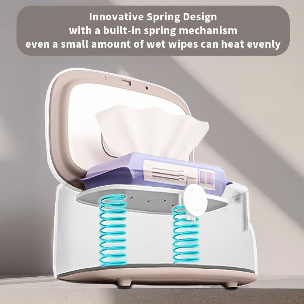 Baby Wipe Warmer, Innovative Spring Design,Large Capacity Wipes Dispenser and Diaper Wipe Warmer with Night Light, Fast and Even Heating, Temperature Display, 3 Modes of Temperature Heating Control