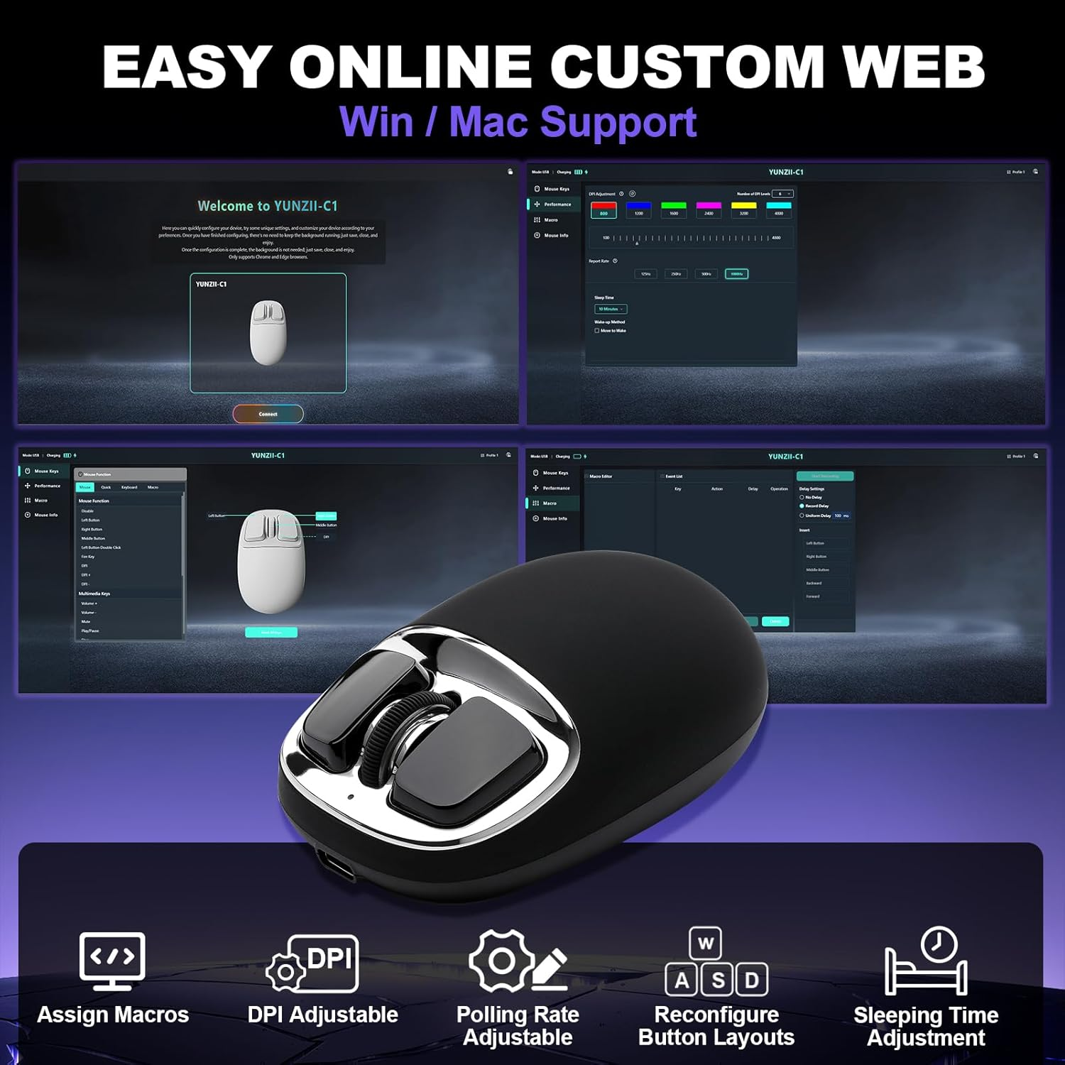 YUNZII C1 Silicone Wireless Mouse, 4800 DPI Optical Tracking, 6 Adjustment Levels, Tri-Mode 2.4G/Usb-C/Bluetooth Mouse, Customize Mice for Laptop, Computer, Ipad, Macbook (Black Silver)