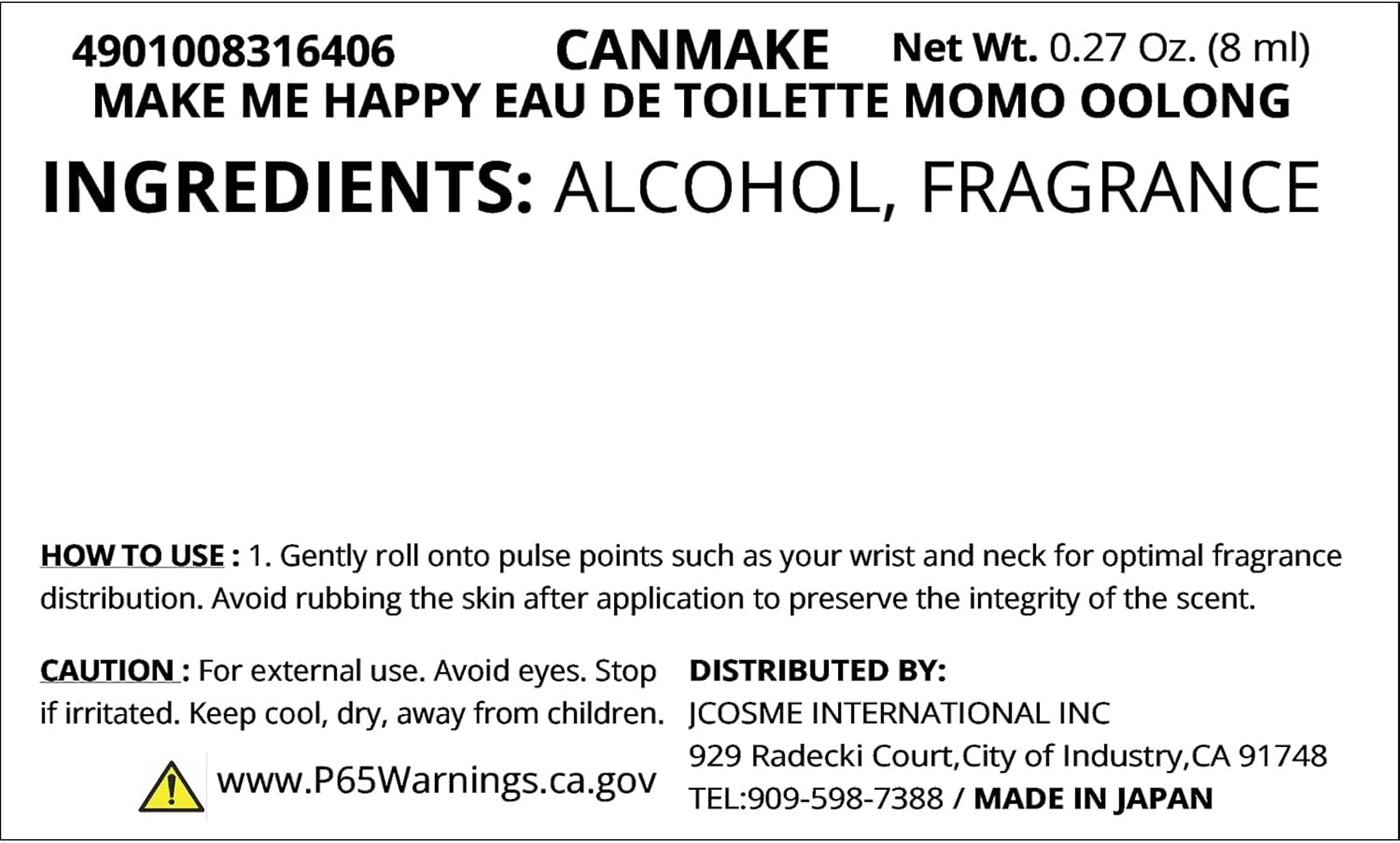 Canmake Make Make Me Happy Eau De Toilette, Momo Oolong 0.3 Fl Oz (8 Ml) Fragrance, Peach, White Peach Oolong Tea image number 3