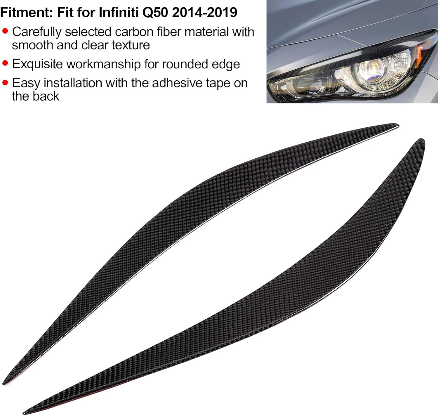 Carbon Fiber Front Headlight Eyebrows, 1 Pair Headlight Eyelid Headlamp Eyebrow Strip Trim Carbon Fiber Cover Fit for Infiniti 2014-2019 image number 5