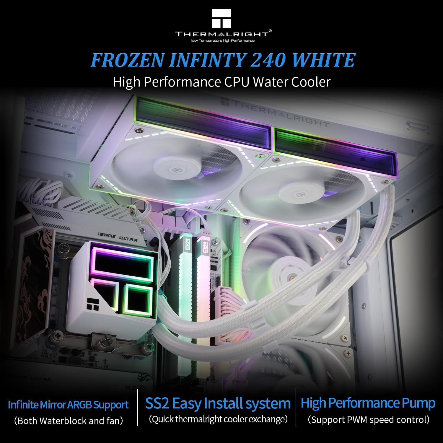 Thermalright Frozen Infinity 240 White CPU Water Cooler,240 Aio CPU Cooler PC Cooling System, Double TL-M12W PWM Fans,Infinity Mirror CPU Cooler,For Am4/Am5,Intel LGA1851/1700/1150/1151/2011 image number 6