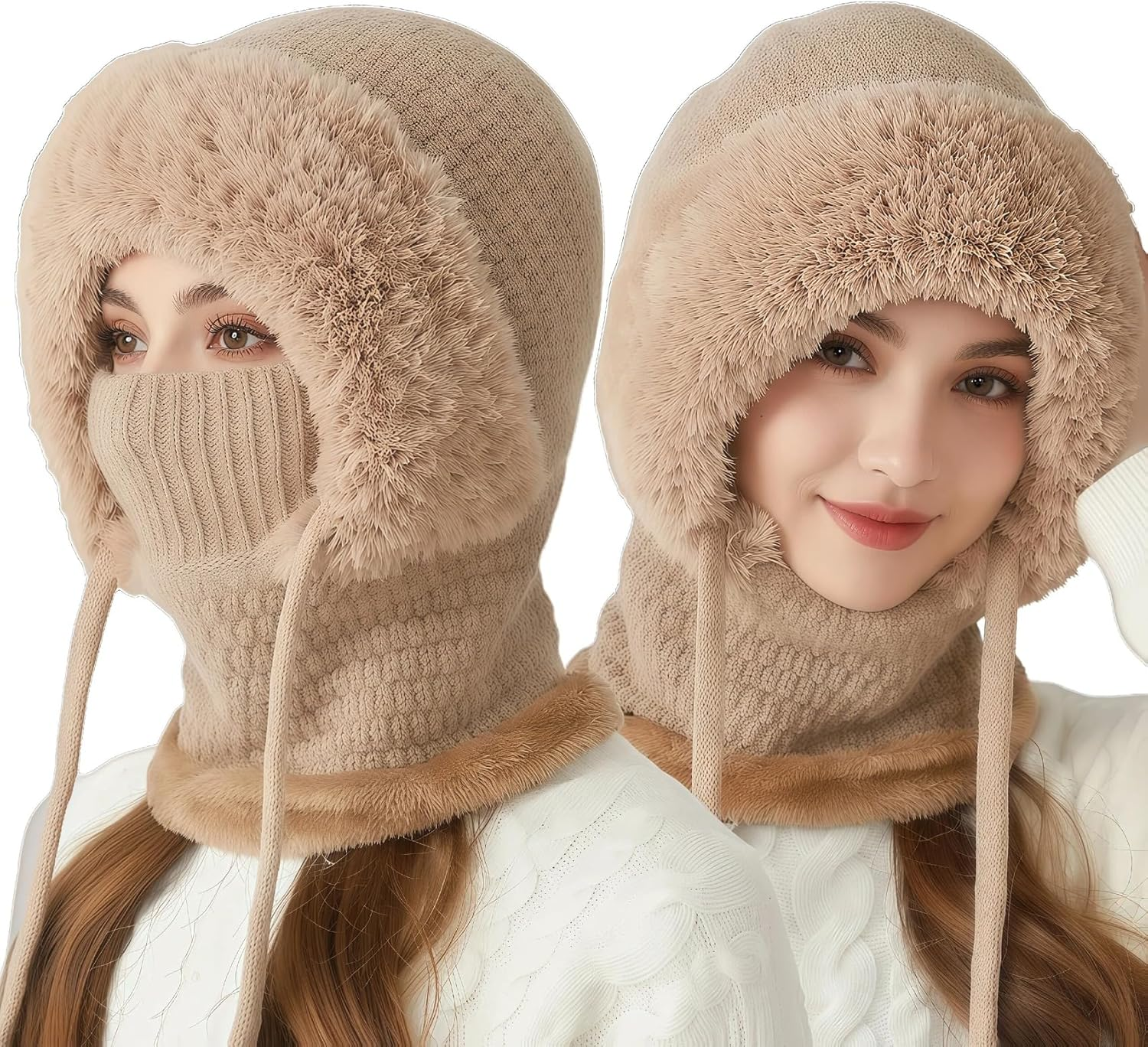 3 in 1 Beanie Hat for Women,Fleece Lined Hat with Scarf & Face Cover, Knitted Windproof Ski Mask Beanie for Cold Weather