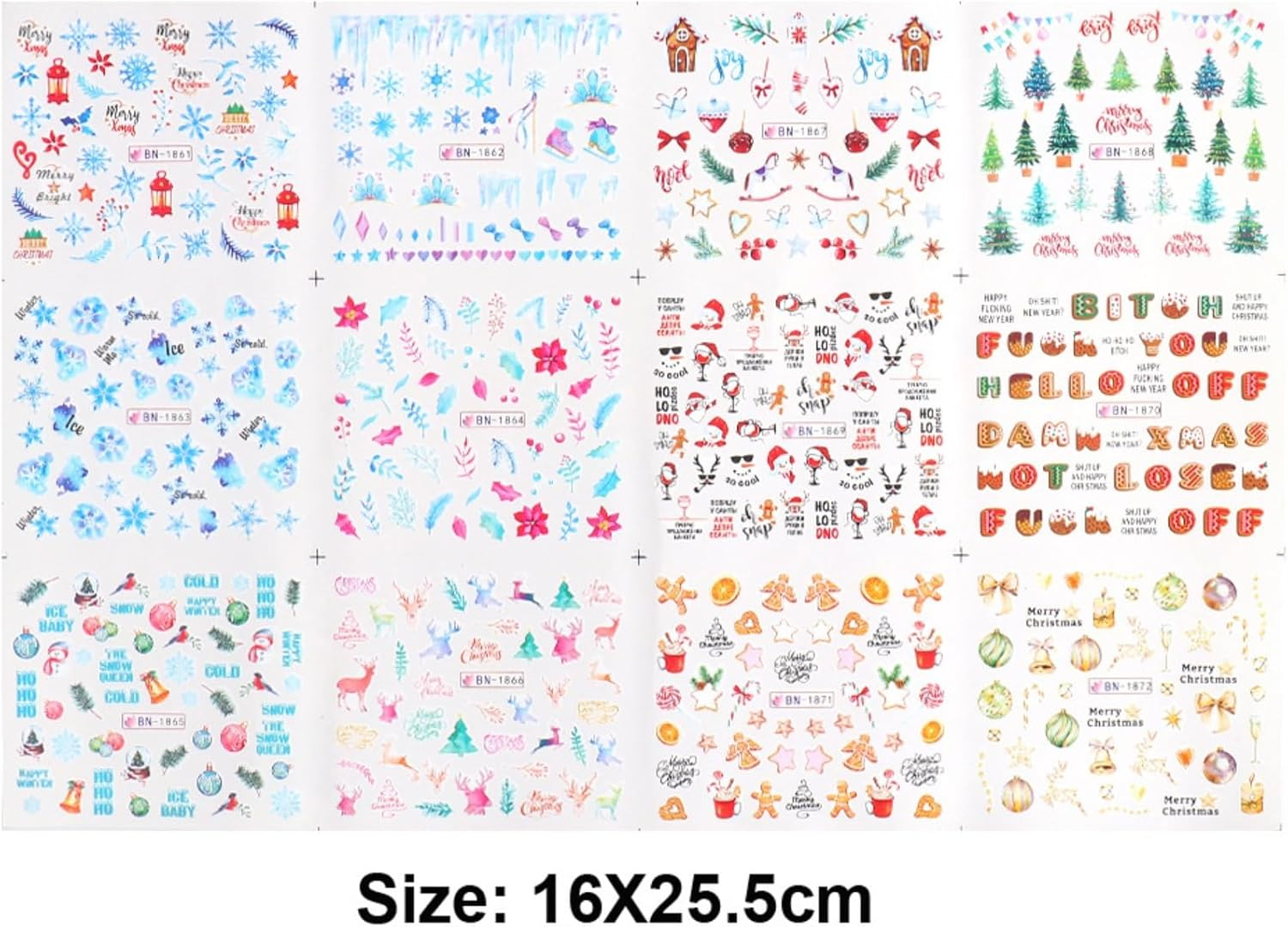 Itadaku 1 Sheet Christmas Nail Stickers, Snowflake, Santa, Elk, Transfer Decals for Winter Art, Xmas Nail Decorations for Women & Girls