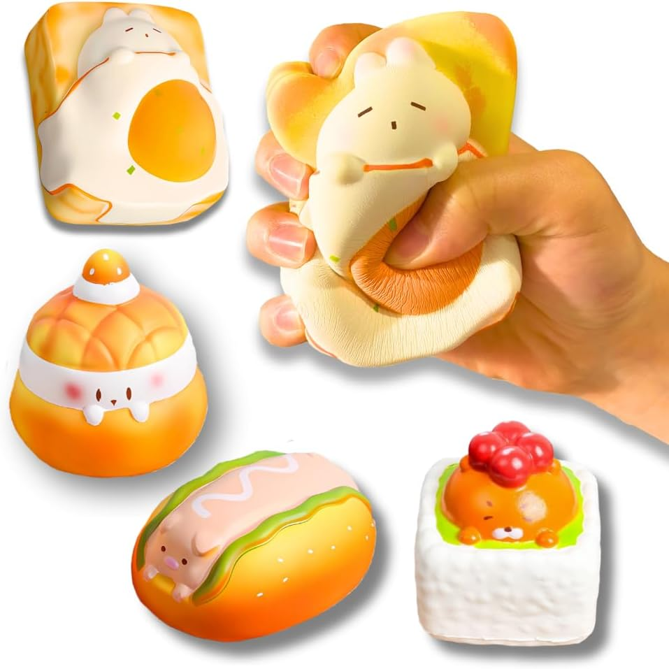 4 Pack Cute Scented Squishy Slow Rebound/Rising Soft Stress-Relief Squeeze Fidget Toy - Bread Sushi Food Design Egg Toast, Sweet Bun, Hot Dog & Shushi. Satisfying Squishy Toys for Boys and Girls. image number 1