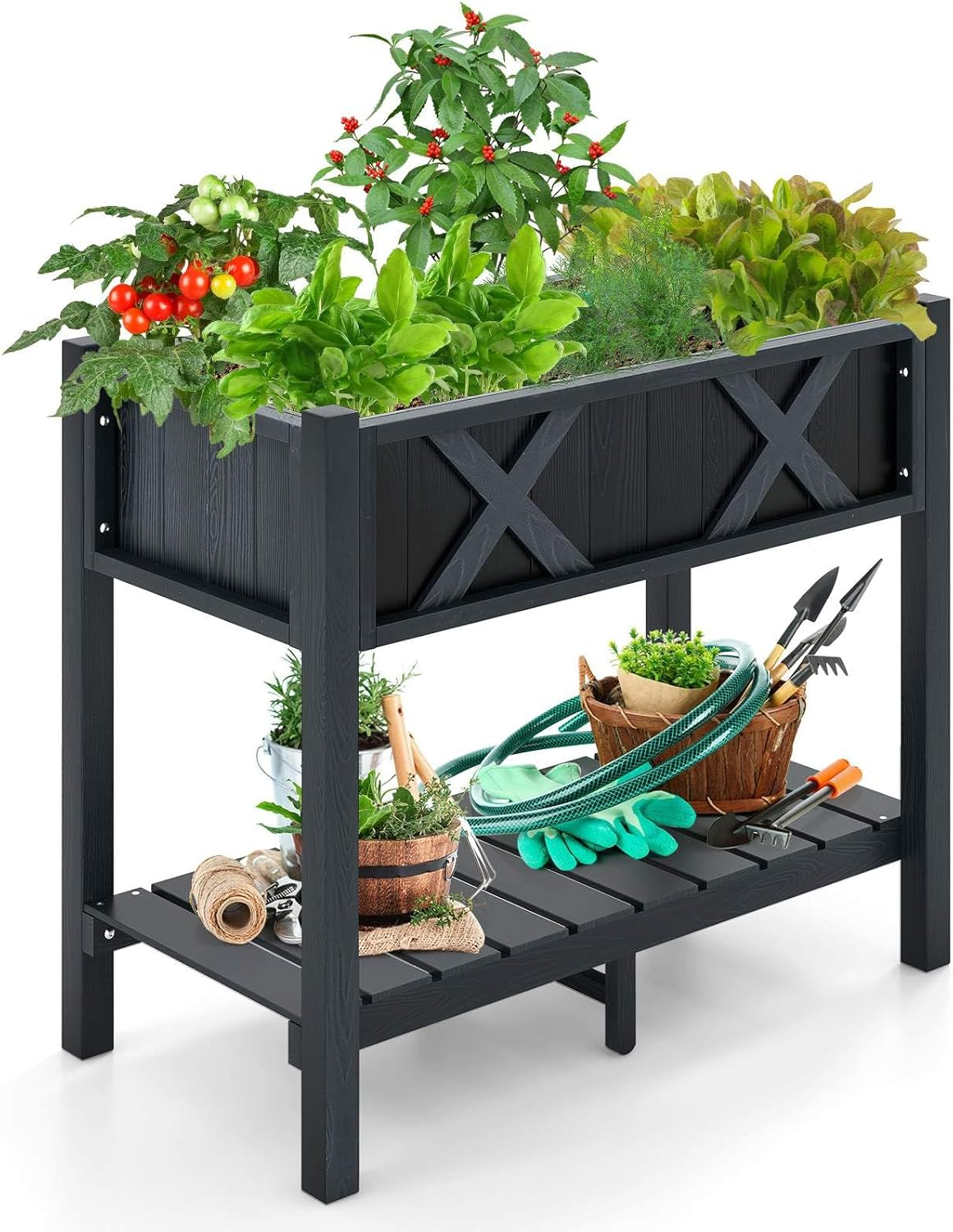 Costway HIPS Raised Garden Bed, Poly Wood Elevated Planter Box W/Legs, Storage Shelf, Drainage Holes, Weather-Proof Standing Growing Bed Planter for Flower Herb Vegetable Fruit, 5-10 Year Warranty image number 4