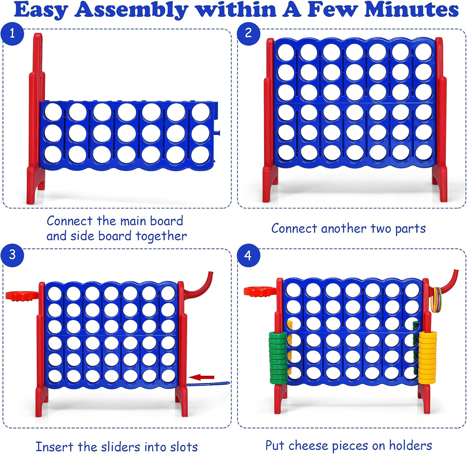 Costway Giant 4-In-A Row, Jumbo 4-To-Score Giant Game Set for Kids & Adults, Indoor Outdoor Family Connect Game W/Basketball Hoop, Ring Game, 42 Jumbo Rings, Quick-Release Slider (Red) image number 2